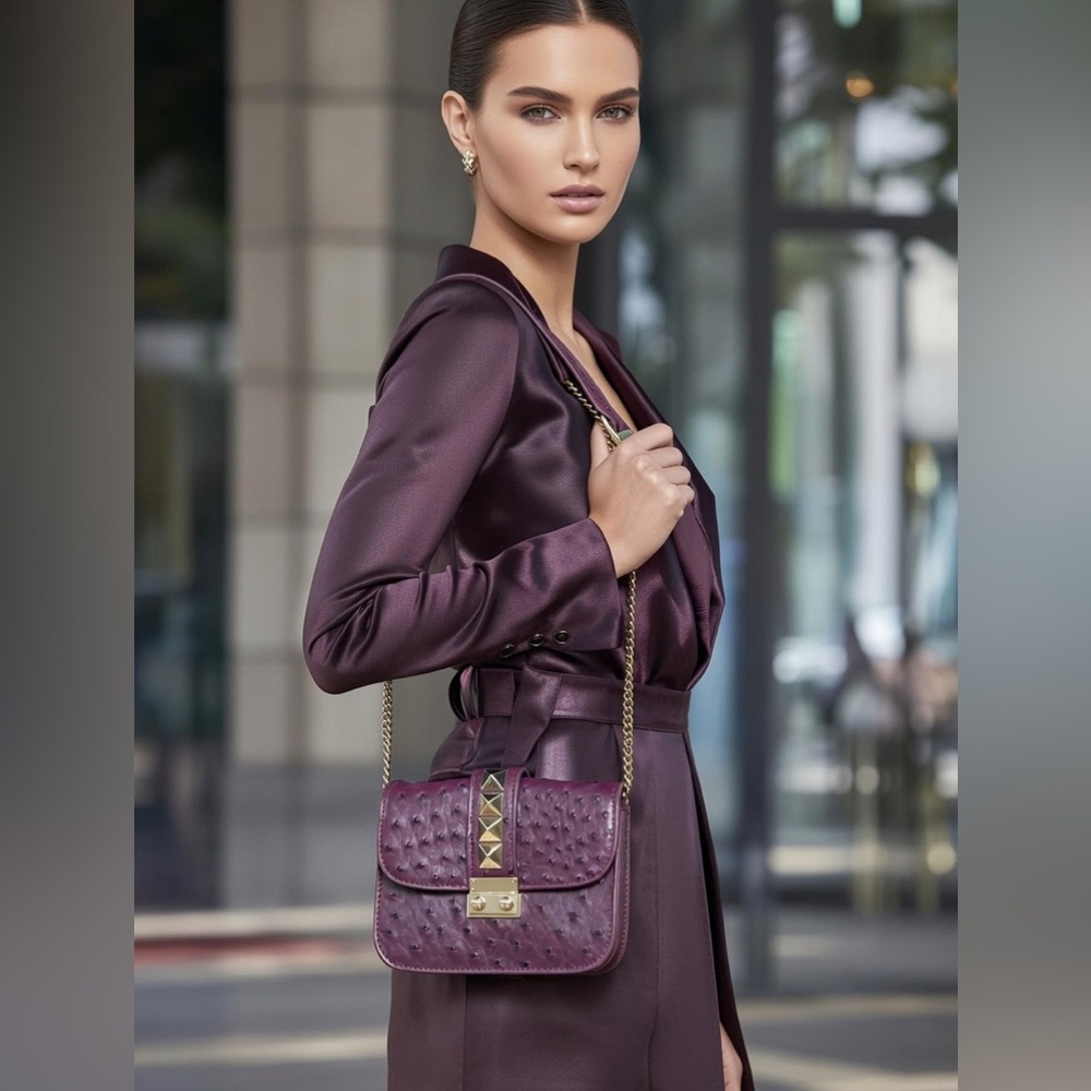 Street Level Plum Faux Ostrich Leather Flap Small Bag Gold Chain & Hardware NWOT